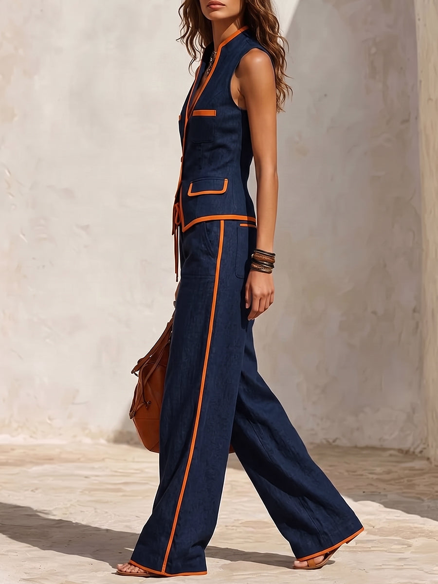 High Waisted Wide Leg Contrast Color Drawstring Pockets Pants Trousers