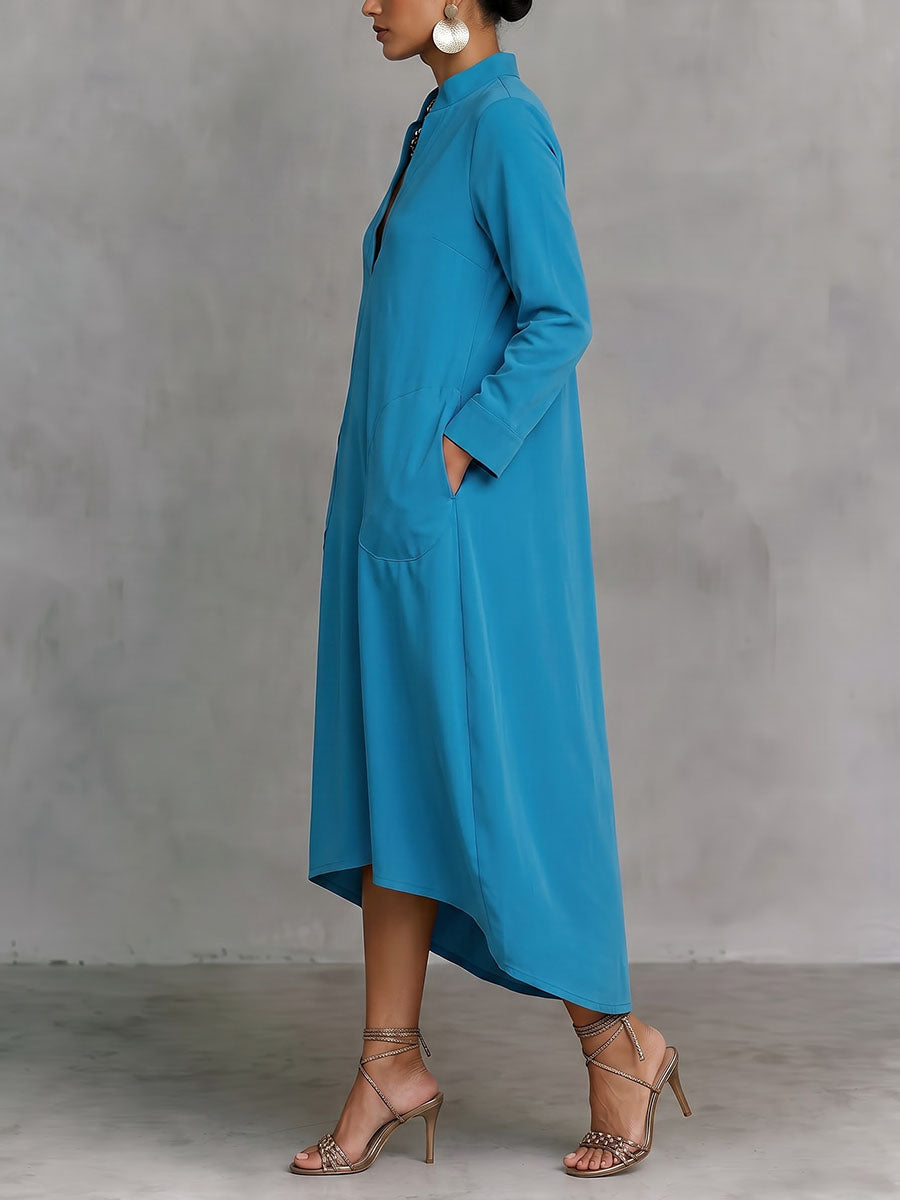 Solid Color Pockets Loose Long Sleeves V-neck Midi Dresses