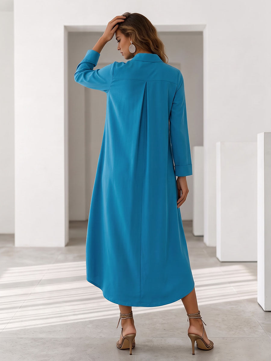 Solid Color Pockets Loose Long Sleeves V-neck Midi Dresses