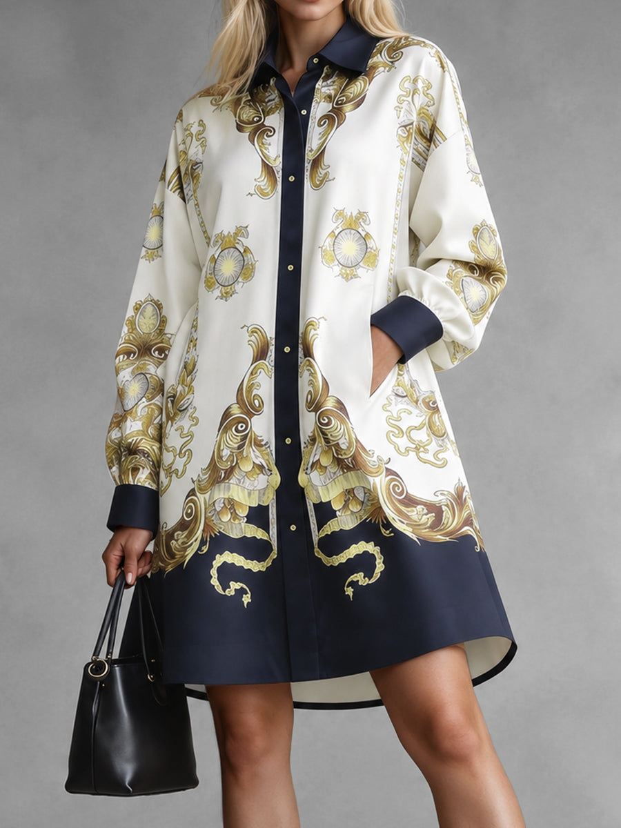 Printed Pockets Buttoned Loose Long Sleeves Lapel Mini Dresses