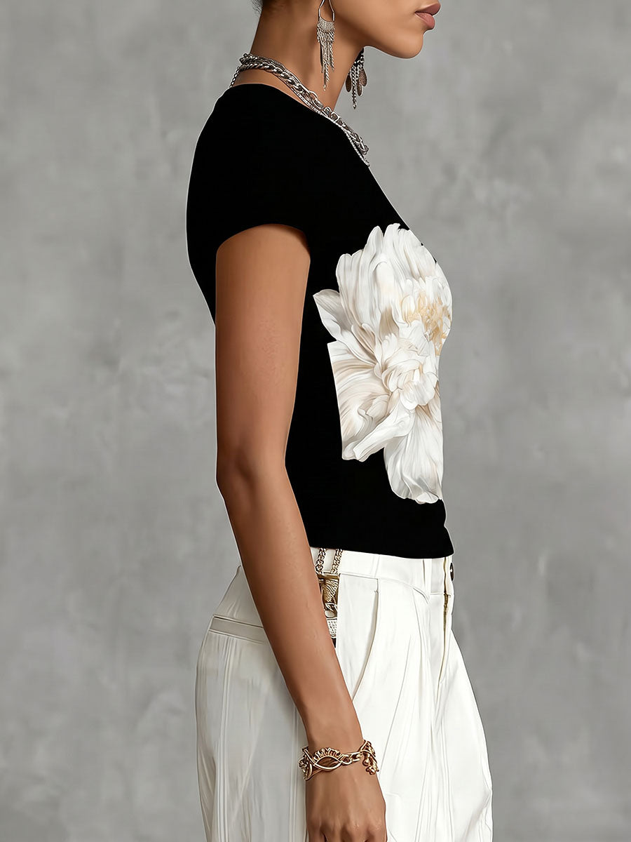 Flower Print Contrast Color Short Sleeves Round-Neck T-Shirts Tops