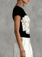 Flower Print Contrast Color Short Sleeves Round-Neck T-Shirts Tops
