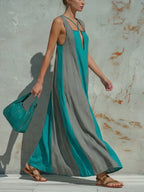 Split-Joint Pockets Contrast Color Backless Sleeveless Loose Square-Neck Maxi Dresses
