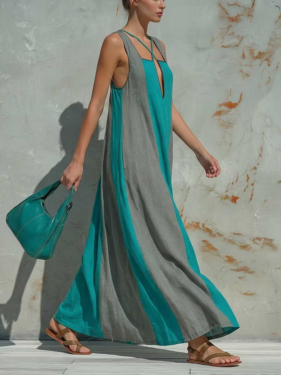 Split-Joint Pockets Contrast Color Backless Sleeveless Loose Square-Neck Maxi Dresses