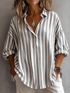 Long Sleeves Loose Buttoned Contrast Color Striped Lapel Blouses&Shirts Tops
