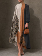 Zipper Split-Joint Leopard Elasticity Contrast Color Loose Long Sleeves Round-neck Maxi Dresses