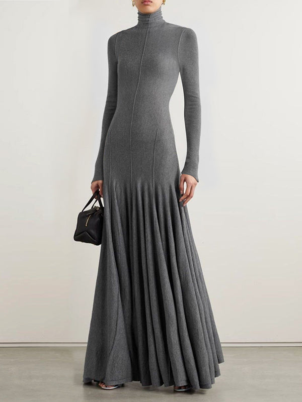 Long Sleeves Skinny Solid Color High Neck Maxi Dresses