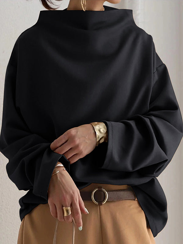 Solid Color Loose Long Sleeves High-neck Sweatershirt
