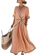 A-Line High Waisted Contrast Color Knot Line Pleated Pockets V-Neck Midi Dresses