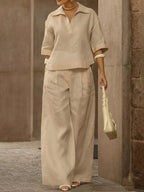 Solid Color Half Sleeves Lapel Blouses&Shirts Tops +  High Waisted Pleated Trousers Pants Two Pieces Set