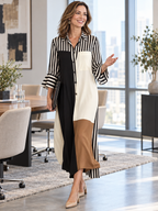 Striped Split-Joint Contrast Color Three-quarter Sleeves Ruffle Sleeves Lapel Midi Dresses
