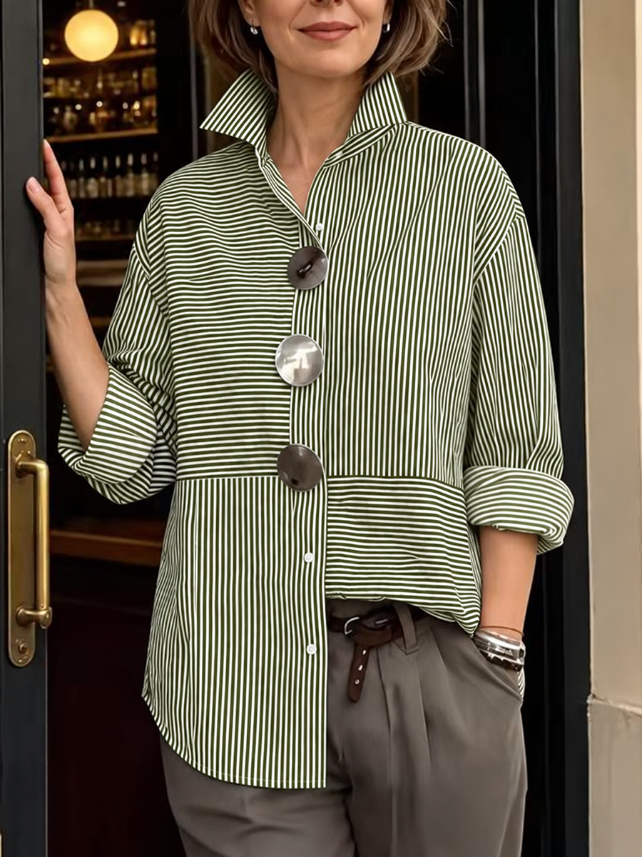 Striped Split-Joint Contrast Color Buttoned Loose Long Sleeves Lapel Blouses&shirts Tops