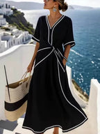A-Line High Waisted Contrast Color Knot Line Pleated Pockets V-Neck Midi Dresses
