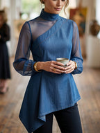 Long Sleeves Puff Sleeves Asymmetric Mesh Split-Joint Mock Neck Blouses&Shirts Tops