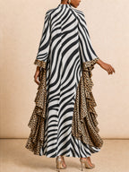 Zipper Zebra Printed Leopard Loose Batwing Sleeves Mock Neck Maxi Dresses