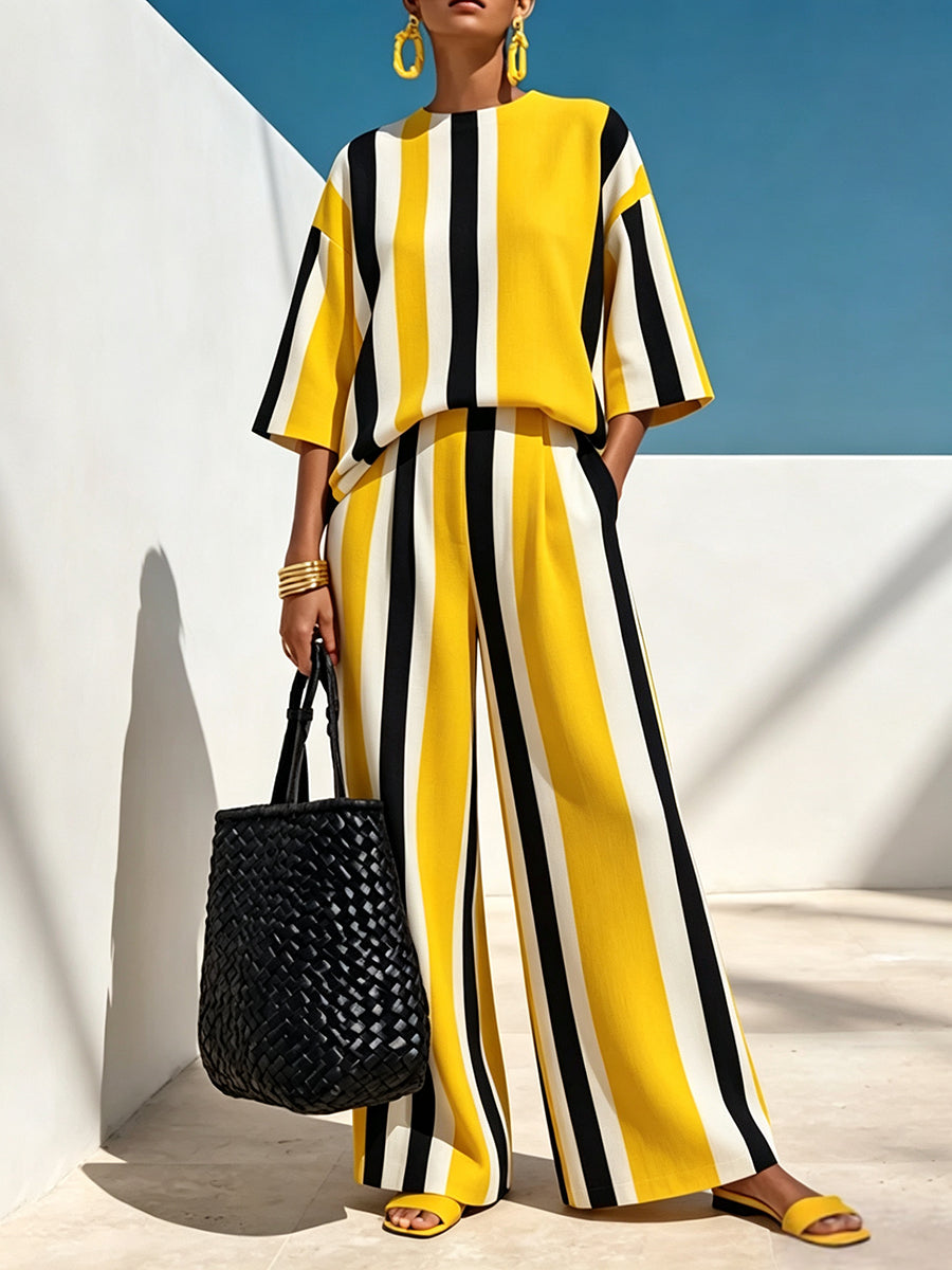 Striped Contrast Color Loose Half Sleeves Round-neck Blouses&shirts Tops