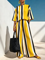 Striped Pockets Elasticity Contrast Color Wide Leg Loose Trousers Pants