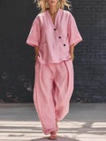 Loose Solid Color V-Neck Asymmetric Buttoned Blouses&Shirts Tops + High Waisted Pockets Pants Trousers Two Pieces Set