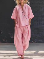 Loose Solid Color V-Neck Asymmetric Buttoned Blouses&Shirts Tops + High Waisted Pockets Pants Trousers Two Pieces Set