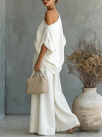 Loose Solid Color One-Shoulder Blouses&Shirts Tops + High Waisted Pleated Pockets Pants Trousers Two Pieces Set