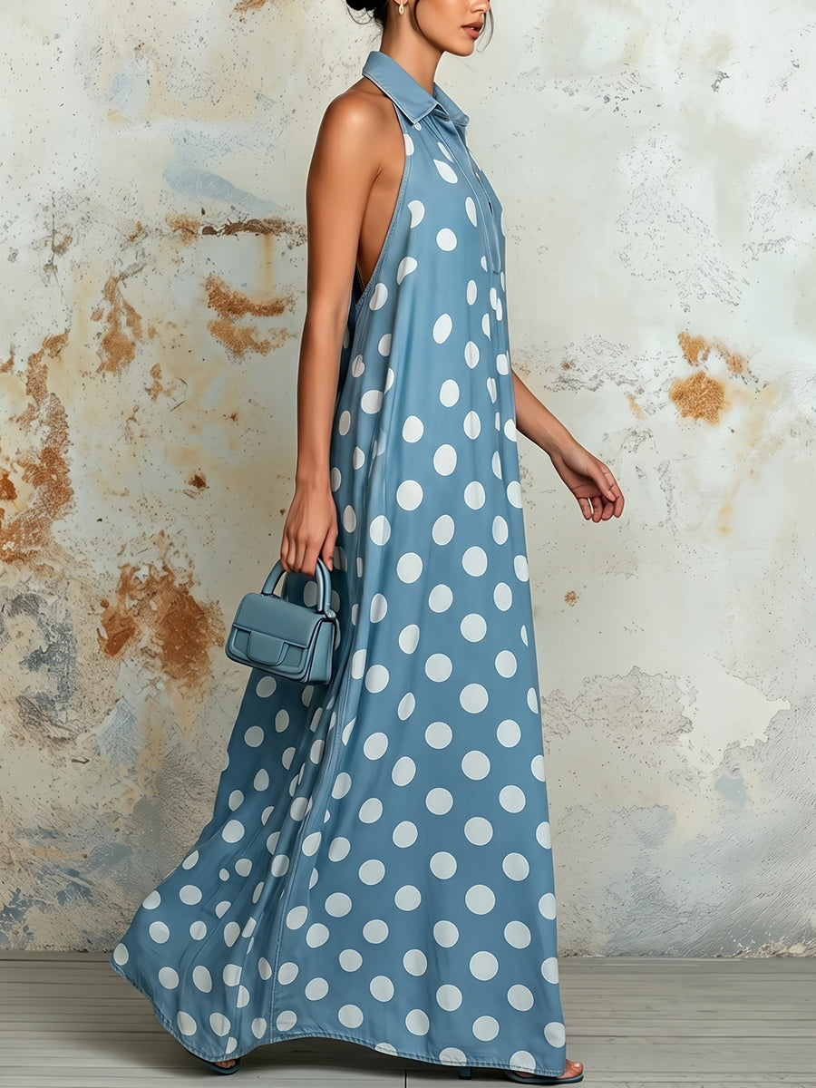 Polka Dot Pleated Contrast Color Buttoned Sleeveless Loose Lapel Maxi Dresses