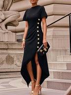 High-low Short Sleeves Buttoned Solid Color Round-neck Maxi Dresses