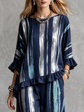 Split-Joint Ruffle Trim Printed Three-quarter Sleeves Ruffle Sleeves Round-neck Blouses&shirts Tops