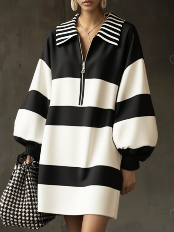 Zipper Striped Contrast Color Puff Sleeves Long Sleeves Lapel Mini Dresses