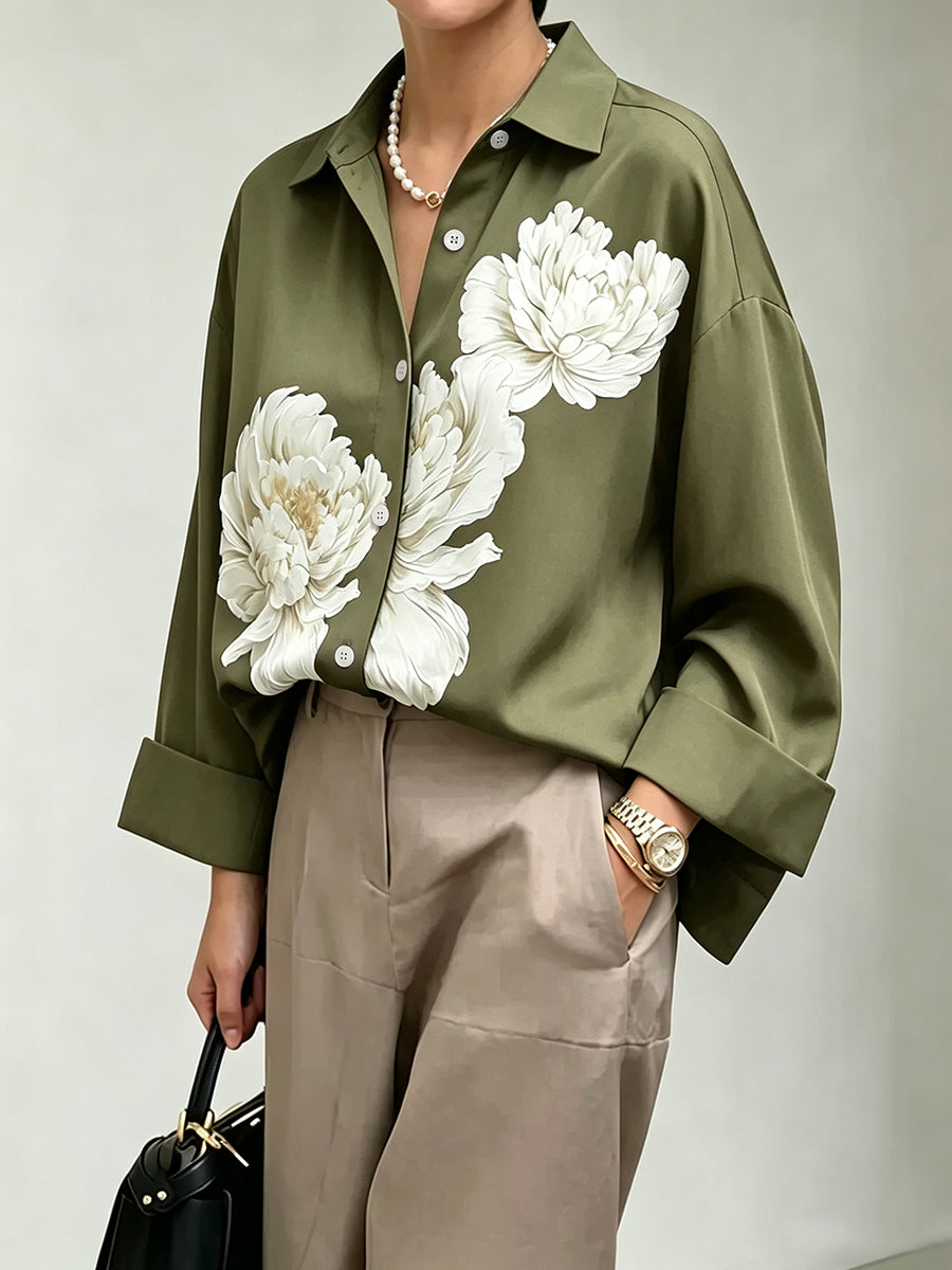 Flower Print Buttoned Loose Long Sleeves Lapel Blouses&shirts Tops