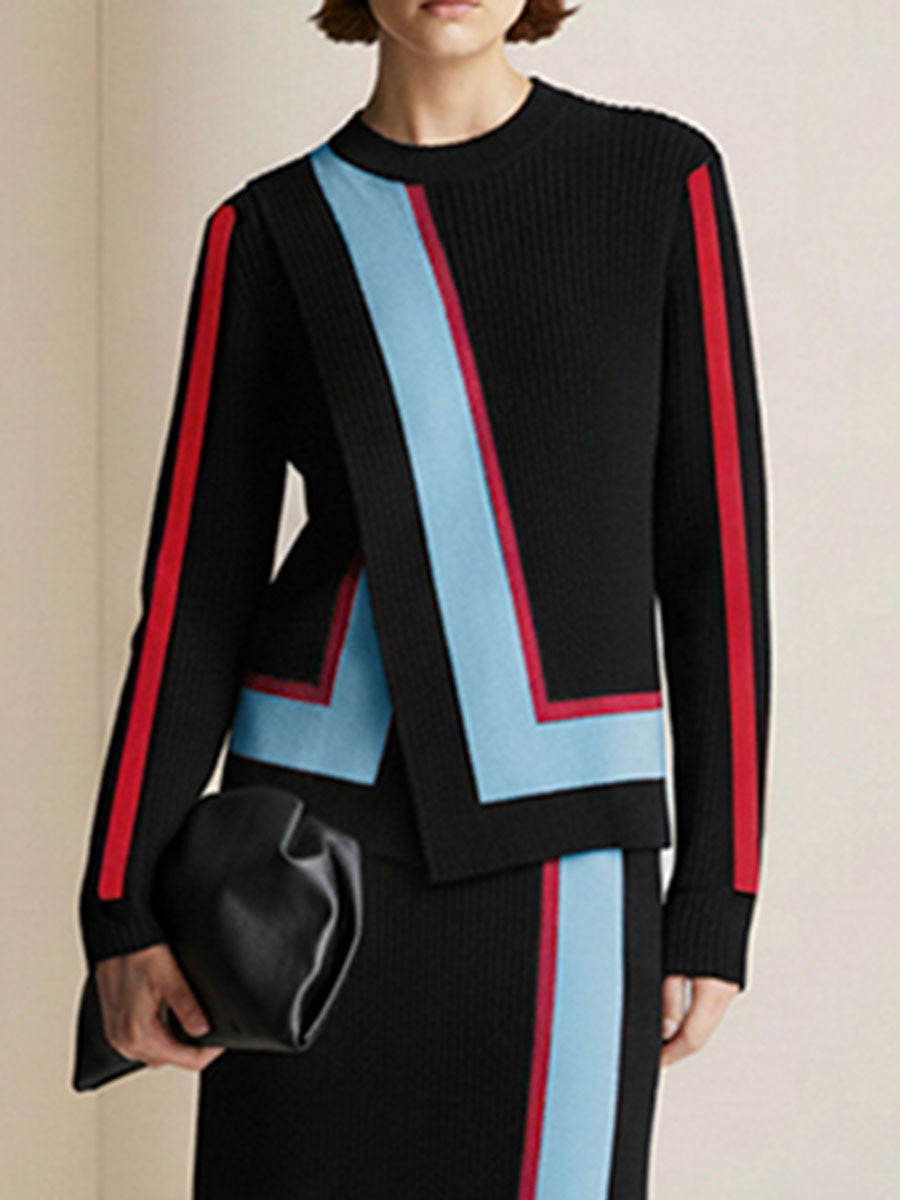 Irregularity Long Sleeves Abstract Printed Asymmetric Contrast Color Ribs Split-Joint Round-Neck Sweater Tops