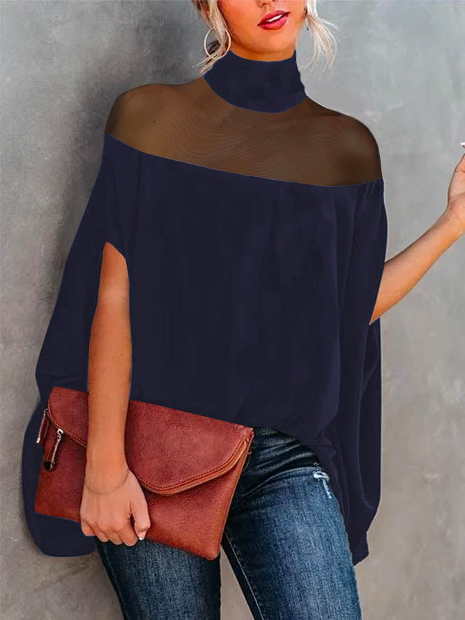 See-Through Batwing Sleeves High-neck Blouses&shirts Tops