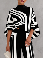 Printed Line Contrast Color Three-quarter Sleeves Loose Mock Neck T-Shirts Tops