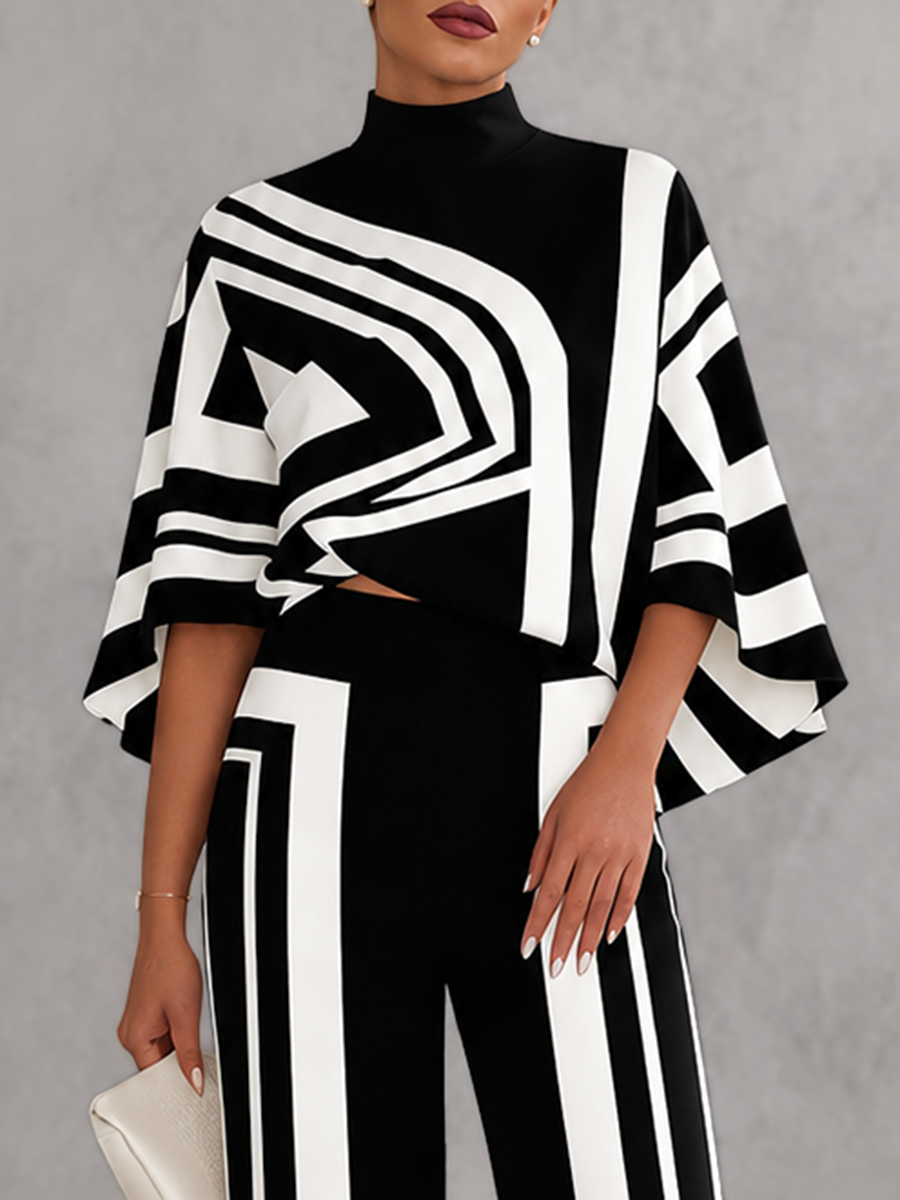 Printed Line Contrast Color Three-quarter Sleeves Loose Mock Neck T-Shirts Tops