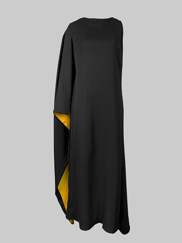 Irregularity Asymmetric Contrast Color Round-Neck Maxi Dresses