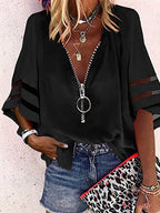 Loose Seven-Quarter Sleeves Hollow Solid Color Split-Joint Zipper Stand Collar Blouses&Shirts Tops
