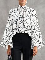 Split-Joint See-Through Printed Contrast Color Long Sleeves Flared Sleeves Mock Neck Blouses&shirts Tops