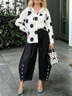 Pockets Pleated Contrast Color Buttoned Wide Leg High Waisted Trousers Pants