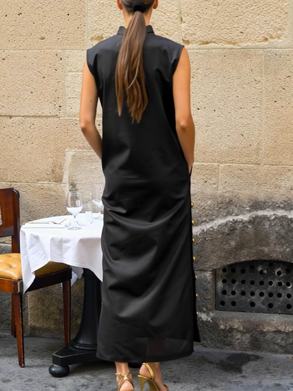 Sleeveless Buttoned Solid Color Split-side Stand Collar Maxi Dresses Shirt Dress
