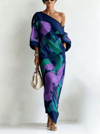 Long Sleeves Loose Asymmetric Contrast Color Pockets Printed One-Shoulder Maxi Dresses