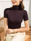 Solid Color Skinny Short Sleeves High-neck T-Shirts Tops
