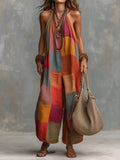 Loose Sleeveless Contrast Color Plaid Halter-Neck Jumpsuits