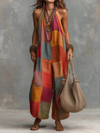 Loose Sleeveless Contrast Color Plaid Halter-Neck Jumpsuits