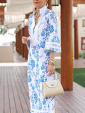 Flared Sleeves Loose Flower Print Split-Joint Split-Side Deep V-Neck Midi Dresses
