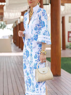 Flared Sleeves Loose Flower Print Split-Joint Split-Side Deep V-Neck Midi Dresses