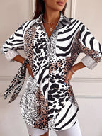 Leopard Contrast Color Buttoned Animal Printed Plus Size Loose Lapel Blouses&shirts Tops