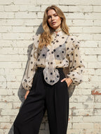 Long Sleeves Loose Buttoned Elasticity Polka-Dot Ruffle Trim See-Through V-Neck Blouses&Shirts Tops