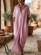Long Sleeves Loose Buttoned Pockets Solid Color Lapel Maxi Dresses Shirt Dress