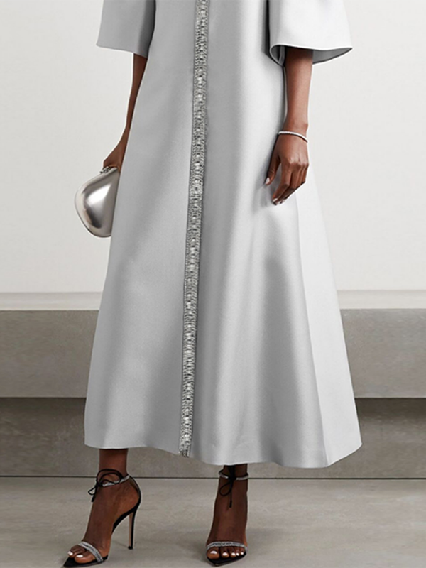 Flared Sleeves Half Sleeves Shiny Solid Color Round-Neck Midi Dresses