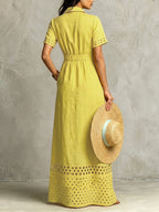 Split-Front Solid Color Pockets Hollow Elasticity Buttoned Short Sleeves Loose Lapel Maxi Dresses