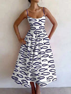 Elasticated Waist High Waisted Contrast Color Pleated Printed Split-Joint Spaghetti-Neck Midi Dresses